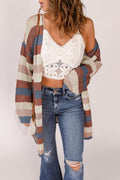 Dark Blue Color Block Striped Cutout Knit Cardigan